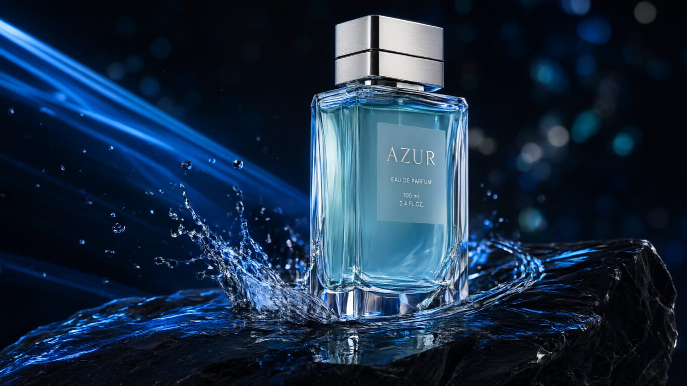 Product shot of a glass perfume bottle on wet slate with electric blue lighting, macro water droplets, 8K commercial photography