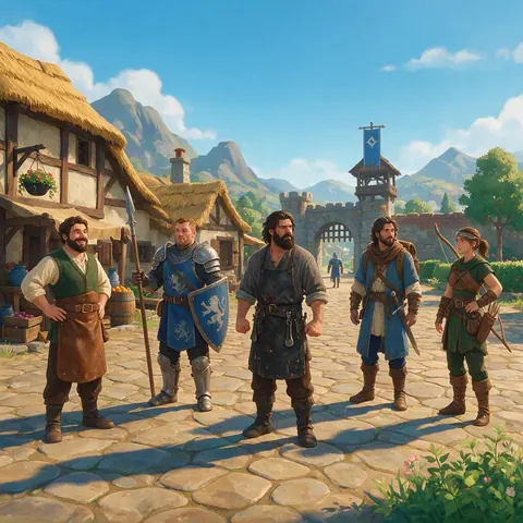 Five stylised 3D NPC characters in a matching style in a low-poly village