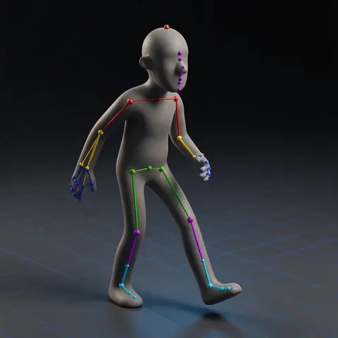 Grey clay 3D character with visible rig bones in a walk pose on a grid