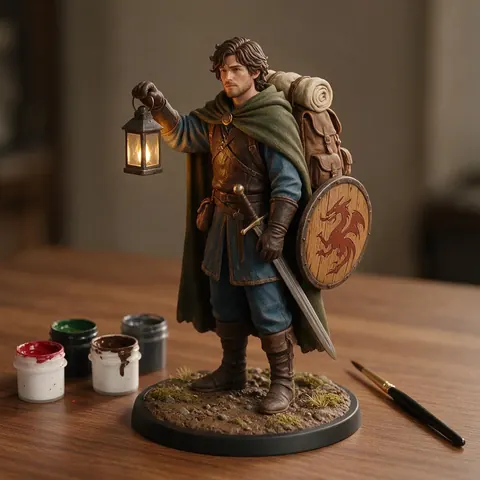 Painted 3D printed adventurer figure on a round base with paints beside it