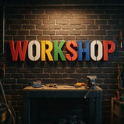 Stencil-style 3D printed letters spelling WORKSHOP on a brick wall