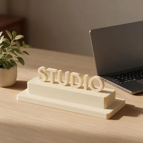 3D printed desk plaque with raised STUDIO lettering in a clean sans font