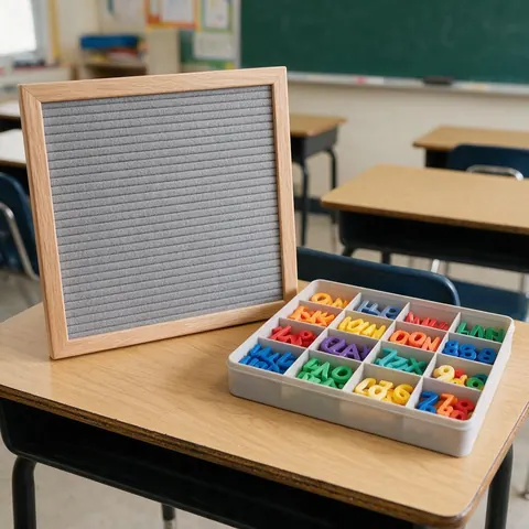 Box of 3D printed capital letters and digits on a classroom desk
