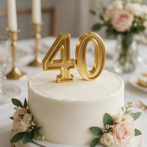 Gold 3D printed number 40 cake topper on a white cake