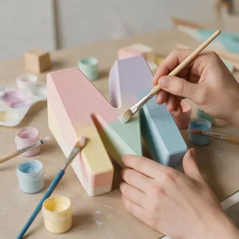 Hands painting a 3D printed letter M on a craft table
