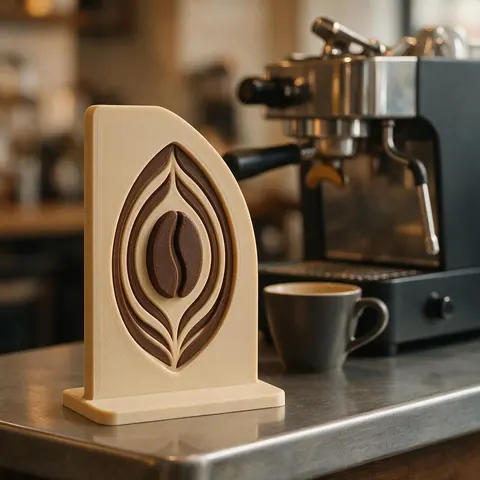 3D printed counter sign with an original coffee-bean emblem on a café counter