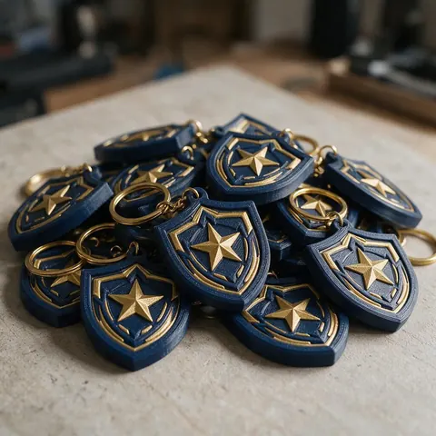 3D printed shield badges and keychains with an original star crest