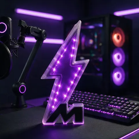 3D printed lightning-bolt emblem on a streaming desk beside a microphone