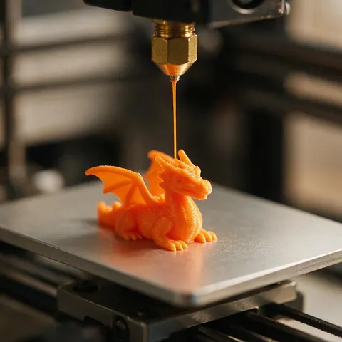 3D printer printing a small orange dragon figure
