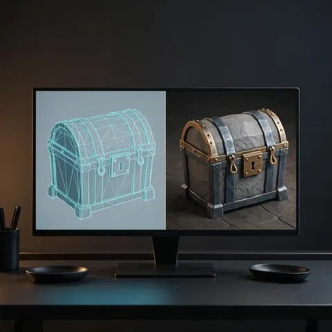 Monitor showing a low-poly treasure chest in wireframe and textured views
