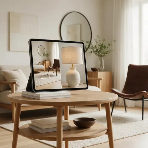Tablet showing a 3D table lamp placed on a side table in AR