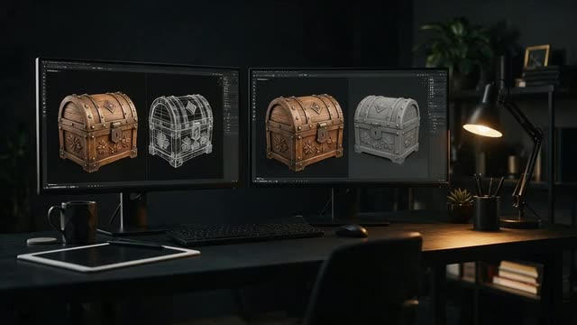 Slow push-in on a 3D workstation showing a textured treasure chest model