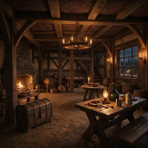 Medieval tavern 3D render dressed with barrels, chests and lamps
