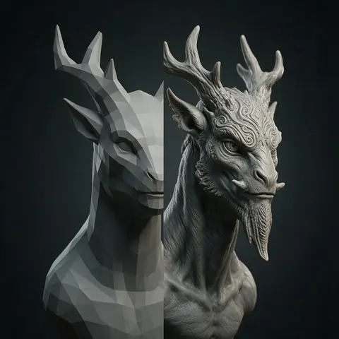 Clay 3D sculpt of a horned creature bust, half rough and half detailed
