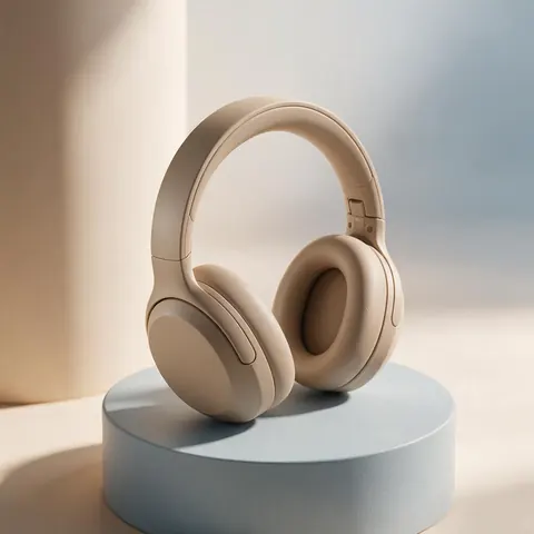 Studio 3D render of matte over-ear headphones on a pedestal