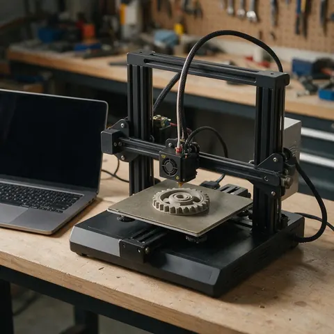 Laptop showing a clay preview of a gear part beside a 3D printer