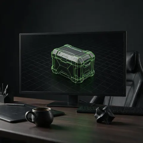 Monitor showing a sci-fi crate asset in wireframe view