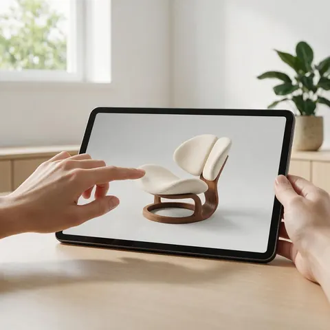 Hand rotating a 3D lounge chair model on a tablet