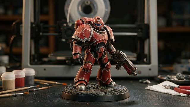 Slow push-in on a painted 3D printed sci-fi action figure