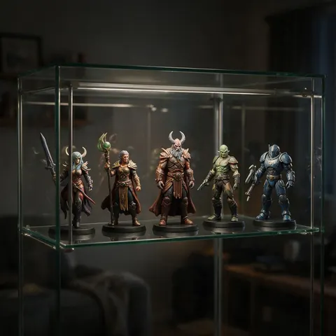 Display shelf with painted 3D printed original figures