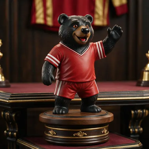 3D printed bear mascot figure in a red jersey on a trophy table