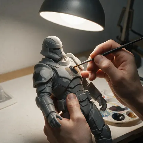Hands painting a primed 3D printed armoured figure