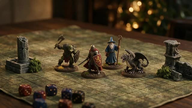 Slow push-in over painted fantasy miniatures on a battle map