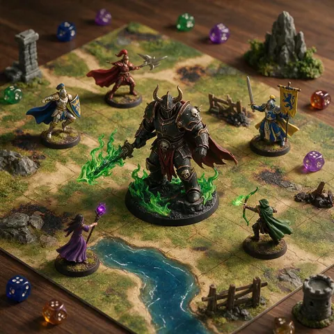 Painted boss miniature at the centre of a battle map surrounded by hero minis