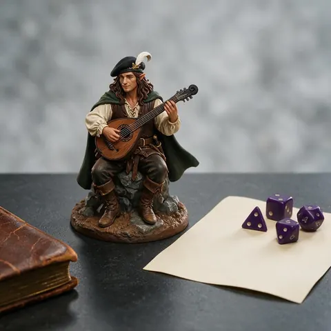 Painted half-elf bard miniature beside a character sheet and dice