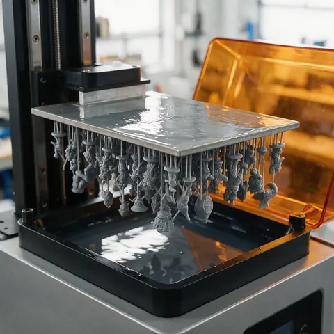 Resin printer build plate with a batch of miniatures on supports