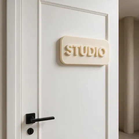 3D printed STUDIO sign mounted on a white door