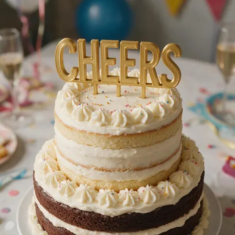 3D printed gold CHEERS cake topper on a tiered cake