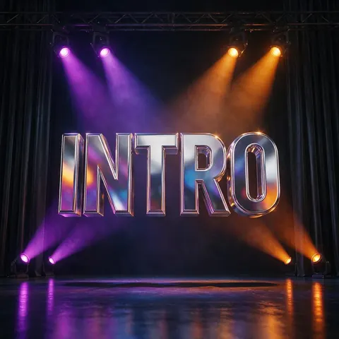 Chrome 3D text spelling INTRO on a dark stage with spotlights