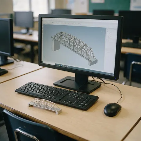 Lab computer showing a bridge model with its 3D print beside the keyboard