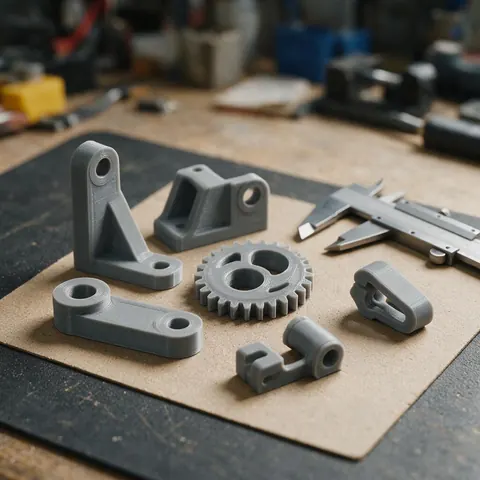 3D printed brackets, gears and clips on a workshop mat with calipers