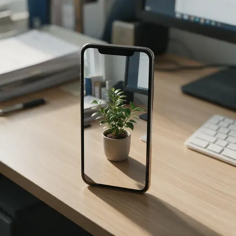 Phone showing a 3D potted plant placed on a desk in AR