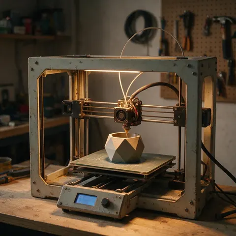 Older open-frame 3D printer printing a geometric planter