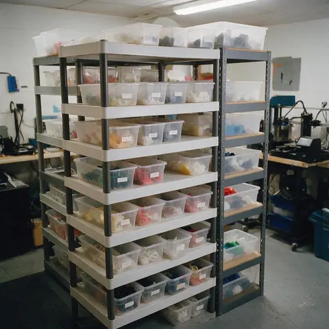 Shelves of bins with finished 3D prints in a print workshop
