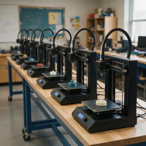 Row of 3D printers printing parts on a bench in a maker lab