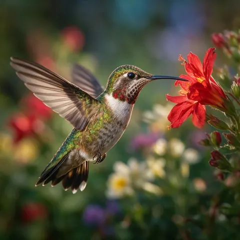 Sharp macro shot of a hummingbird hovering at a red flower