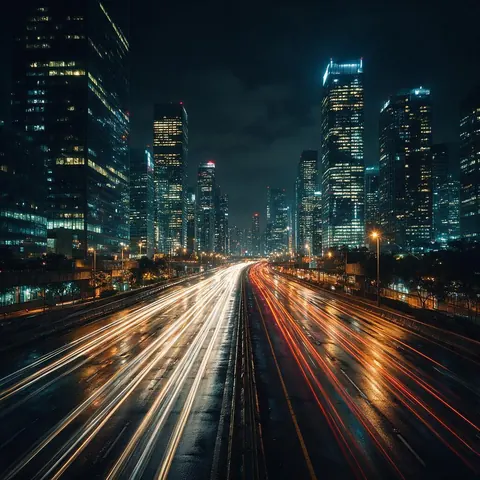 Night city with light trails on a wet highway between skyscrapers