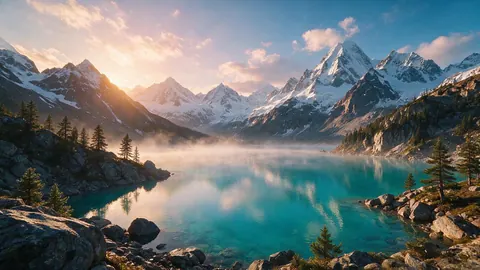 Ultra-sharp cinematic shot of a turquoise glacier lake below snowy peaks at sunrise