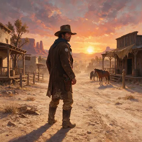 Original sheriff character on a dusty town street at sunset