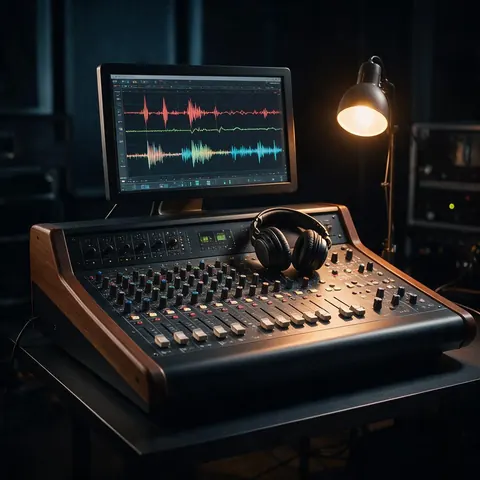 Mixing desk with colourful waveforms on a monitor and headphones
