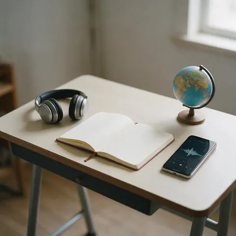 Notebook, headphones, phone with a waveform and a small globe
