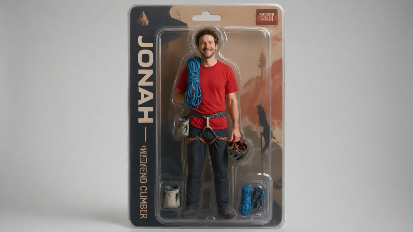 Photo of a climber with a rope, chalk bag and helmet against a grey backdrop (after)