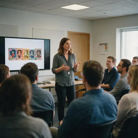 Team lead presenting a row of toy-box figure pictures
