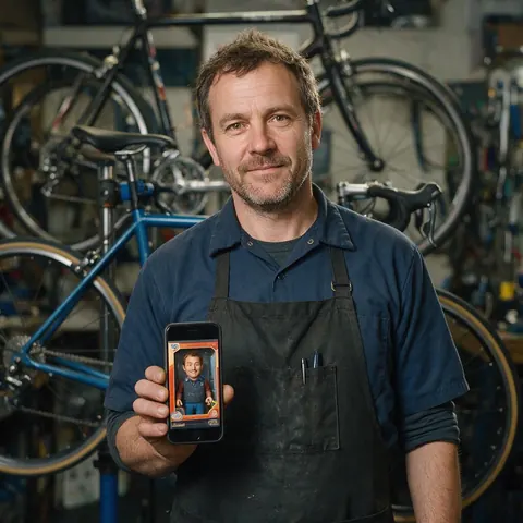 Bike mechanic showing a toy-box picture of himself on a phone