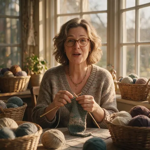 Knitting teacher talking to camera at a table
