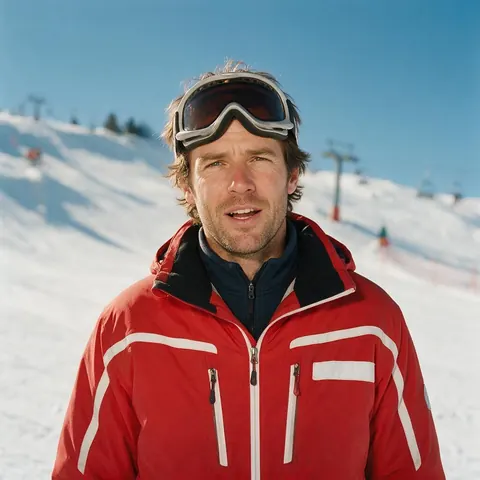Ski instructor talking to camera on a snowy slope